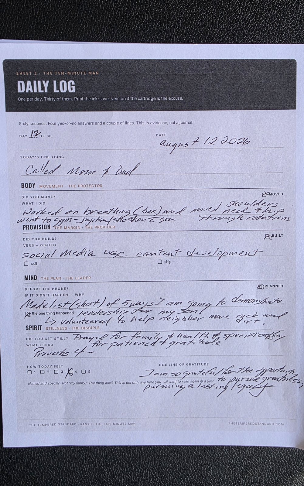 A filled-in Daily Log sheet, day 12 of 30, handwritten — the four areas recorded for a single day